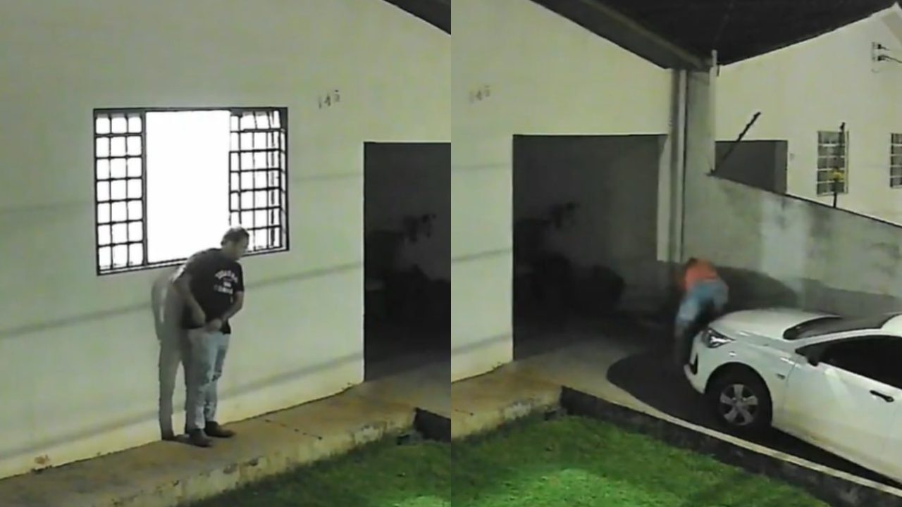 Momento em que homem invade casa da ex-namorada segurando canivete e sendo espancado em montagem