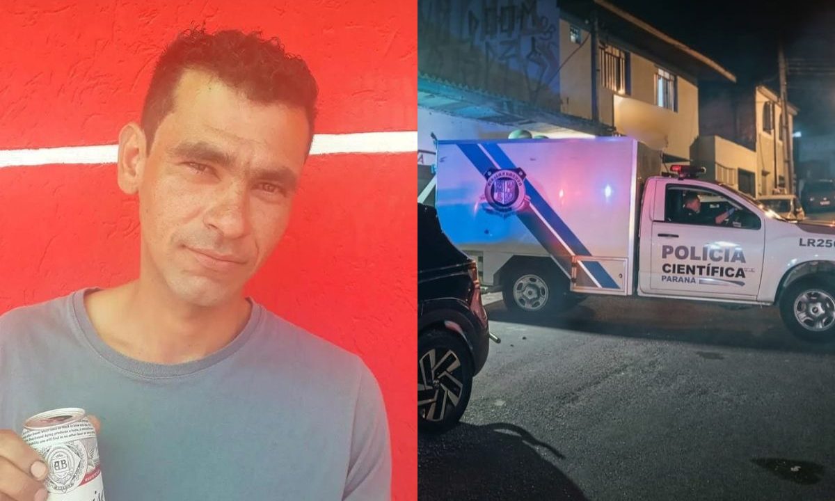 colagem de fotos do homem encontrado morto em Almirante Tamandaré. a foto da direita aparece a viatura da polícia científica