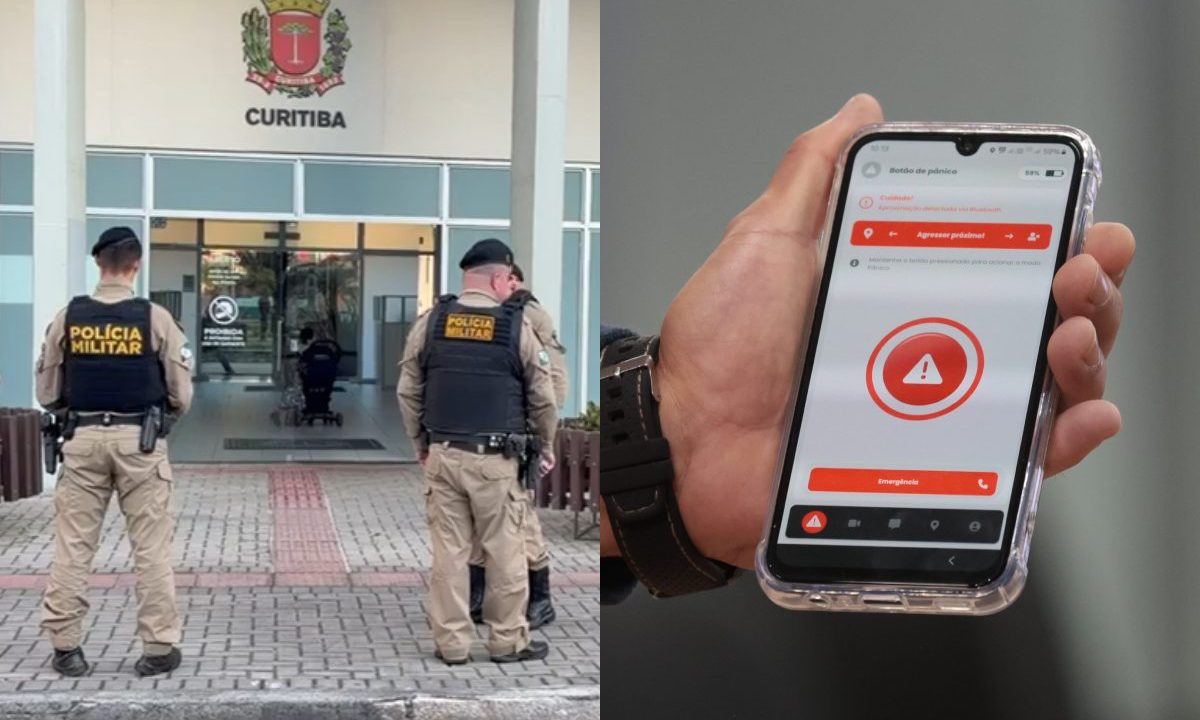 Fotos da porta da delegacia onde homem foi preso por descumprir medida protetiva no Água Verde; imagem ao lado mostra celular com alerta