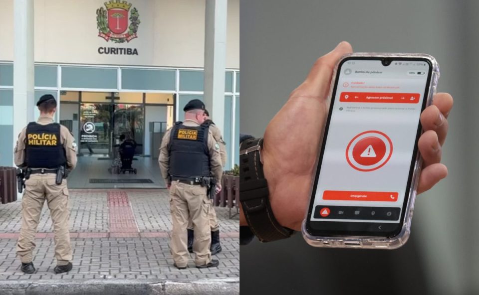 Fotos da porta da delegacia onde homem foi preso por descumprir medida protetiva no Água Verde; imagem ao lado mostra celular com alerta