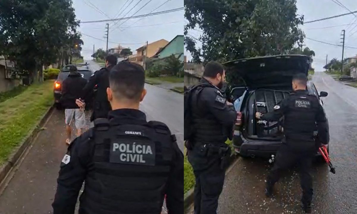 Homem preso após policiais civis localizarem arquivos de pornografia infantil no computador dele. A imagem também mostra a viatura da Polícia Civil em rua de Colombo.