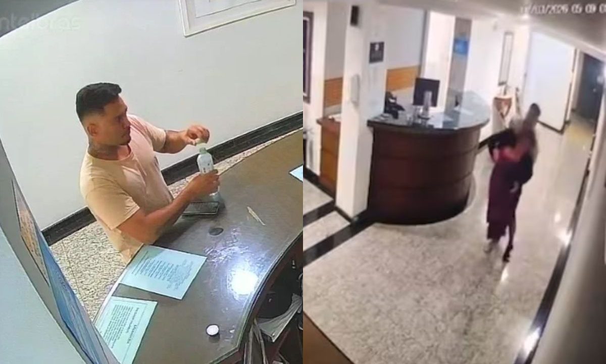 Momento em que homem espanca recepcionista em hotel e ela ferida ao lado em montagem
