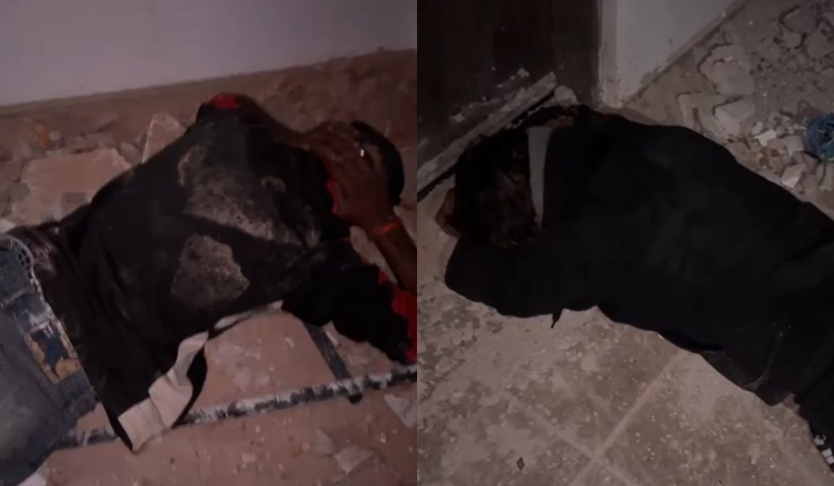 Foto montagem dos suspeitos de furto no DMU do Pinheirinho. Os dois foram presos. Eles aparecem deitados no chão com roupa preta.