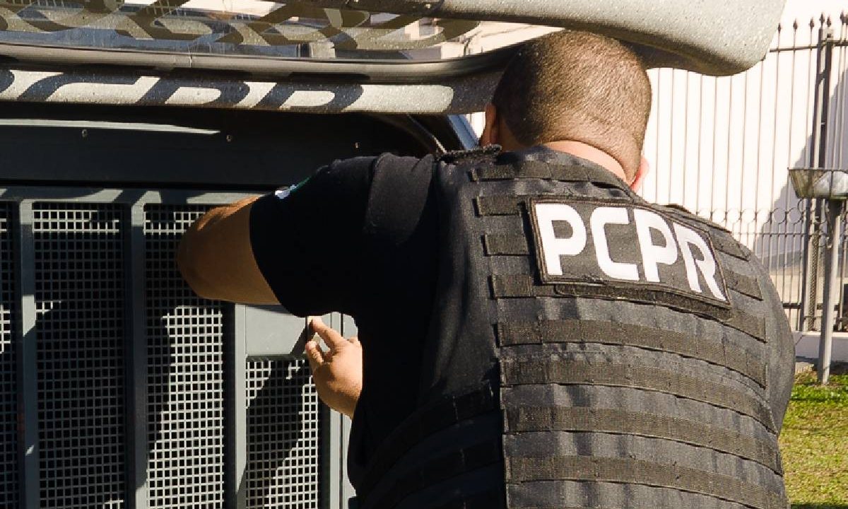 Foto mostra policial mexendo na parte de trás da viatura