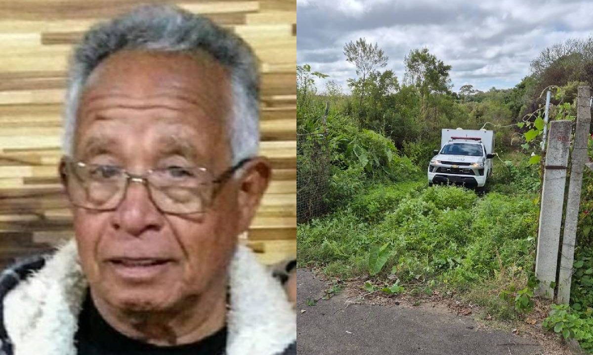Foto da esquerda mostra Jurandir de Oliveira e foto da direira mostra viatura do IML no local onde o corpo foi encontrado
