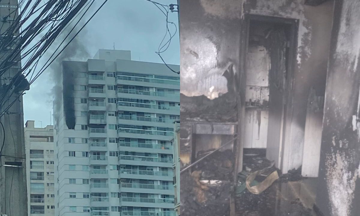 À esquerda, foto externa do prédio, com uma fumaça preta saindo da janela do imóvel atingido pelo incêndio. À direita, uma das imagens divulgadas pelo Corpo de Bombeiros, que mostra o local destruído pelas chamas.