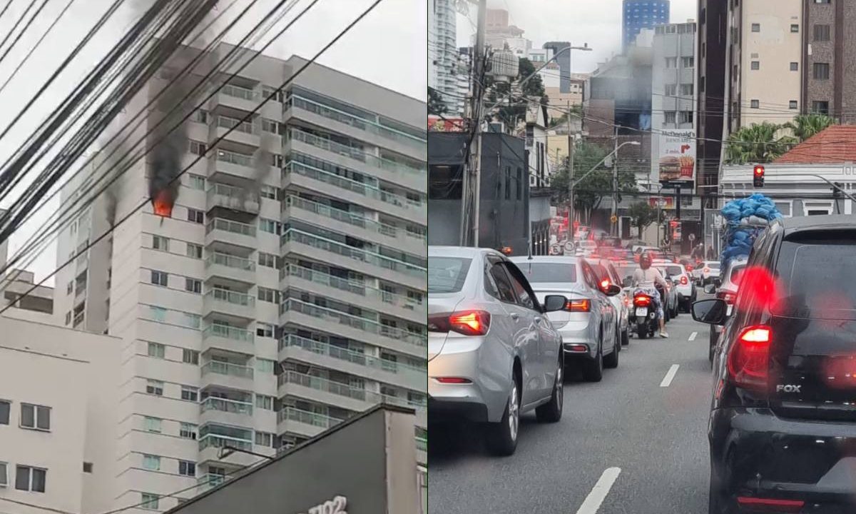 Fotos de incêndio em apartamento no Batel e foto de trânsito parado nas imediações
