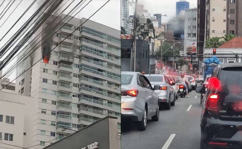 Fotos de incêndio em apartamento no Batel e foto de trânsito parado nas imediações