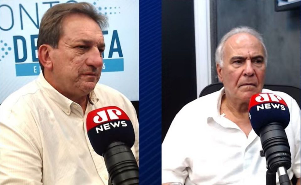 A imagem mostra João Arthur Mohr e coronel Sergio Malucellli, ambos da Fetranspar. Eles comentaram sobre os desafios da logística e da infraestrutura no Paraná, em programa na Jovem Pan News Paraná.
