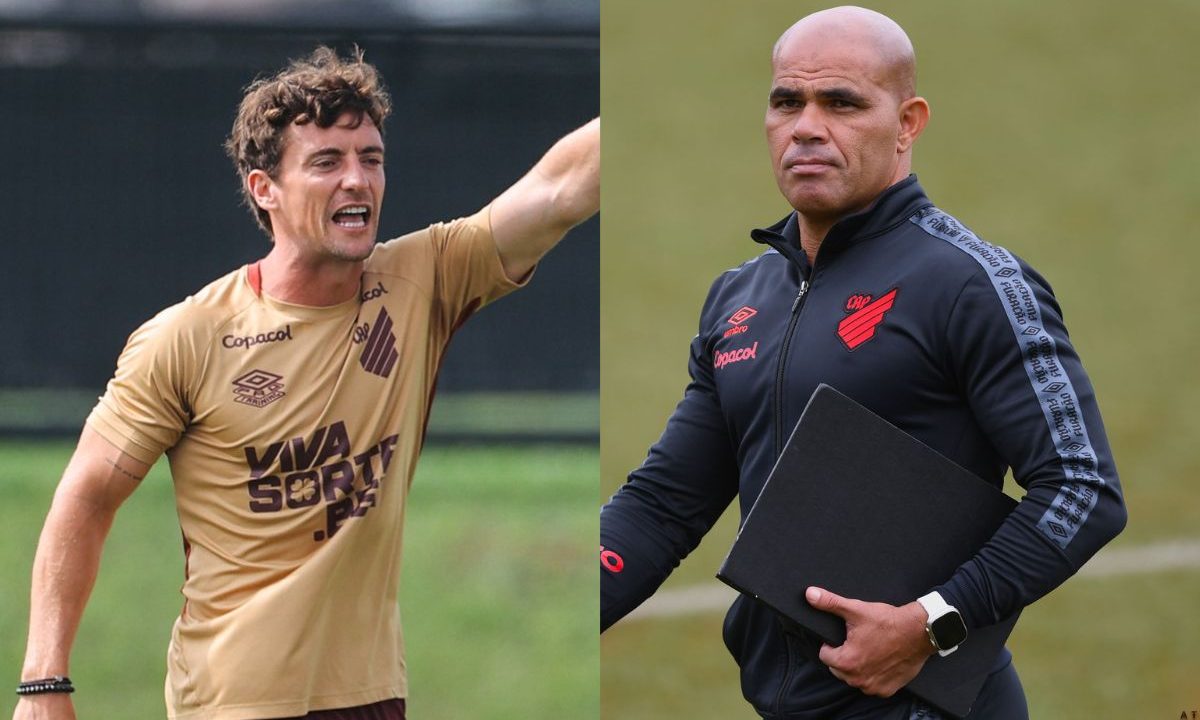Na imagem dividida ao meio, João Correia no Athletico aparece à esquerda, durante treinamento, vestindo camisa dourada e gesticulando com intensidade, dando orientações em campo. À direita, Alessandro, ex-jogador do clube, está com agasalho preto do Athletico, segurando uma prancheta e observando o treino com expressão séria. Ambos estão em ambiente de treinamento do clube.