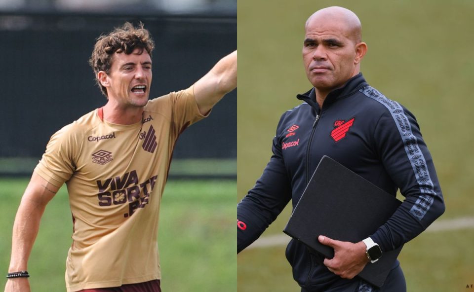 Na imagem dividida ao meio, João Correia no Athletico aparece à esquerda, durante treinamento, vestindo camisa dourada e gesticulando com intensidade, dando orientações em campo. À direita, Alessandro, ex-jogador do clube, está com agasalho preto do Athletico, segurando uma prancheta e observando o treino com expressão séria. Ambos estão em ambiente de treinamento do clube.