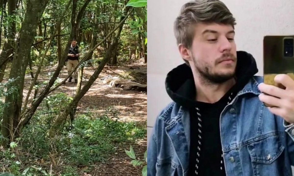 Colagem de duas fotos mostra, à esquerda, matagal e policial militar analisando local onde corpo foi achado. À direita, o jovem garçom posa para foto enquanto segura celular e usa roupa casual. Ele tem cabelos castanhos e tem pele branca