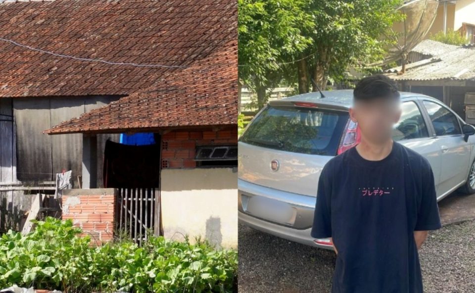 Colagem de duas fotos mostra, à esquerda, casa incendiada onde jovem de 21 anos foi morta. À direita está o homem preso suspeito de ter matado a mulher. O rosto foi borrado em um software de edição.