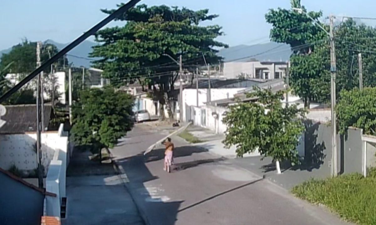 Imagens de câmera de segurança flagraram ladrão furtando portão e levando sobre a cabeça.