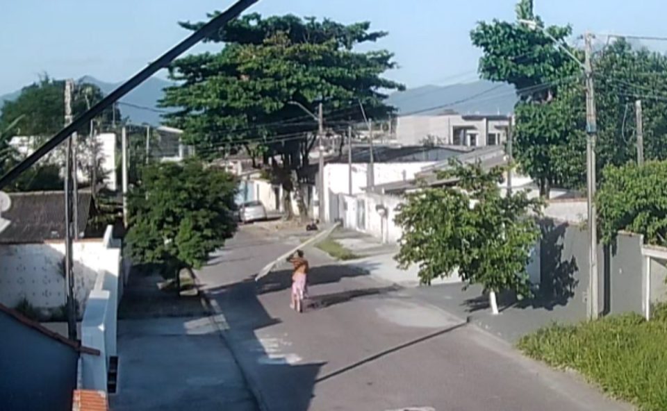 Imagens de câmera de segurança flagraram ladrão furtando portão e levando sobre a cabeça.