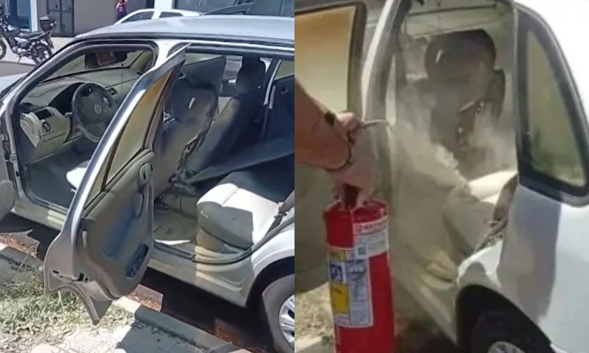 colagem de fotos do carro da ex-companheira do médico incendiado