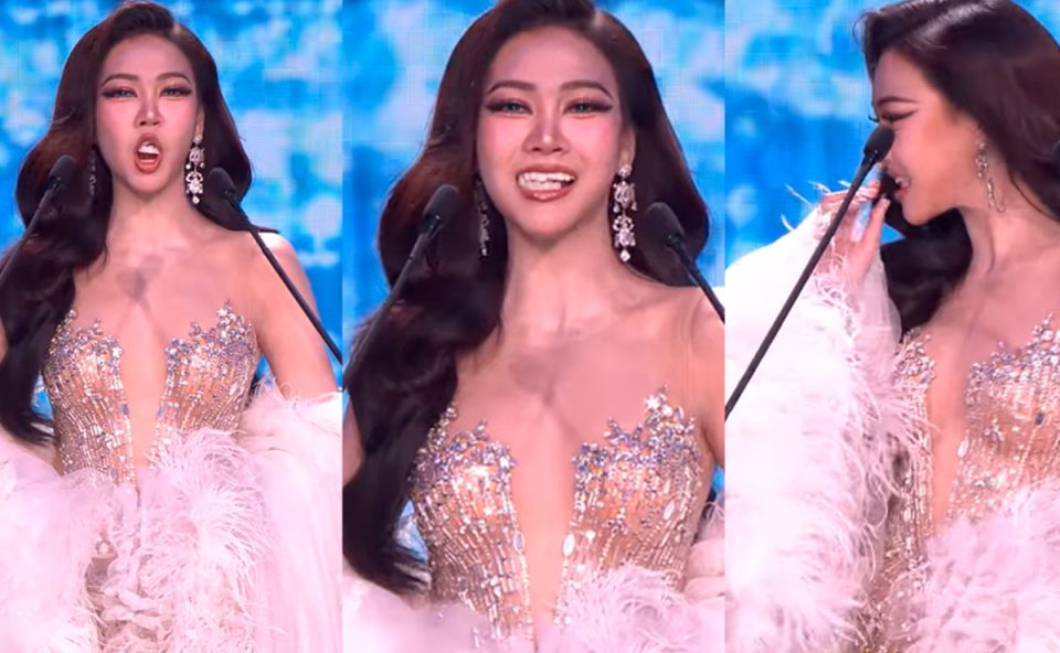 A imagem mostra três momentos em que a candidata a miss Tailândia perde os dentes durante apresentação. Ela é uma jovem de 18 anos, usando vestido rosa.