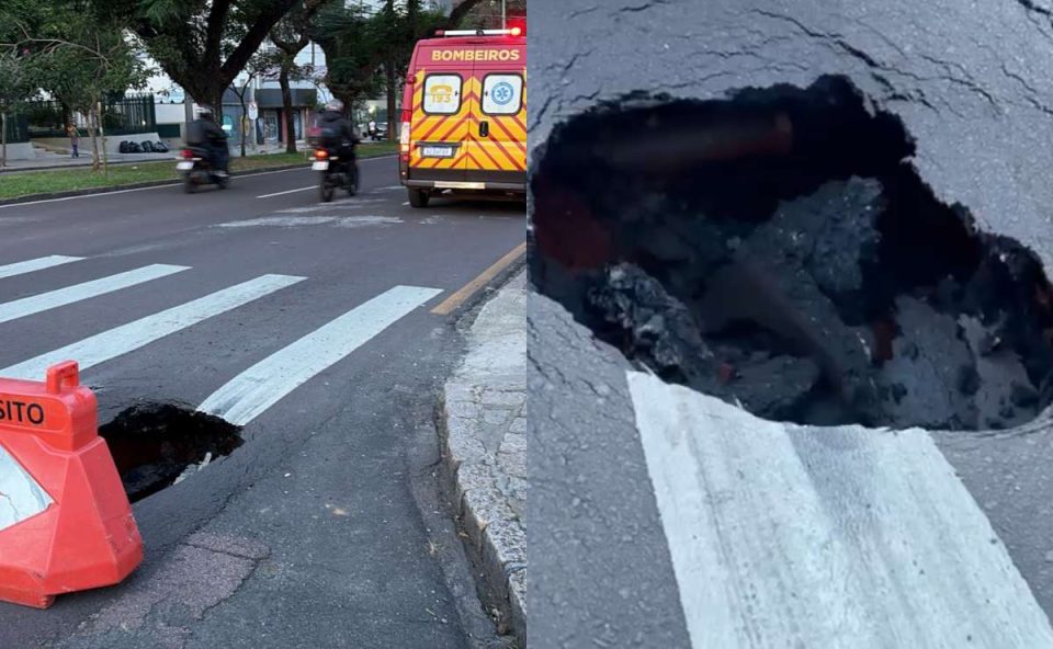 Buraco em que motociclista quase caiu dentro na região central de Curitiba