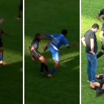 Montagem com três momentos de um lance em um jogo de futebol. À esquerda, dois jogadores correm em direção à bola em um gramado verde; um veste uniforme azul e o outro preto. No centro, ocorre o choque: os atletas colidem cabeça com cabeça em movimento, com os corpos inclinados e braços abertos, indicando o impacto. À direita, a cena mostra o atendimento médico: um jogador de uniforme preto está deitado no gramado, enquanto profissionais de saúde se ajoelham ao lado dele prestando socorro. Outros jogadores e membros da comissão observam preocupados ao redor.