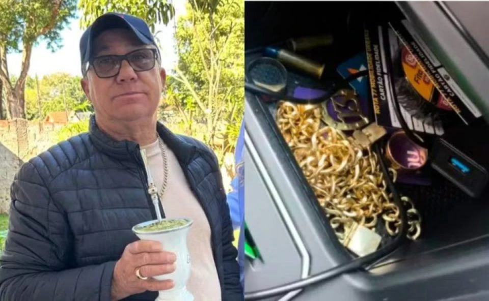 Colagem de duas fotos mostra, à esquerda, o avô que foi morto pelo neto durante roubo de ouro. Ele usa boné preto, óculos escuros, jaqueta preta e segura um copo de plástico com bebida dentro. À direita, está o ouro roubado pelos criminosos