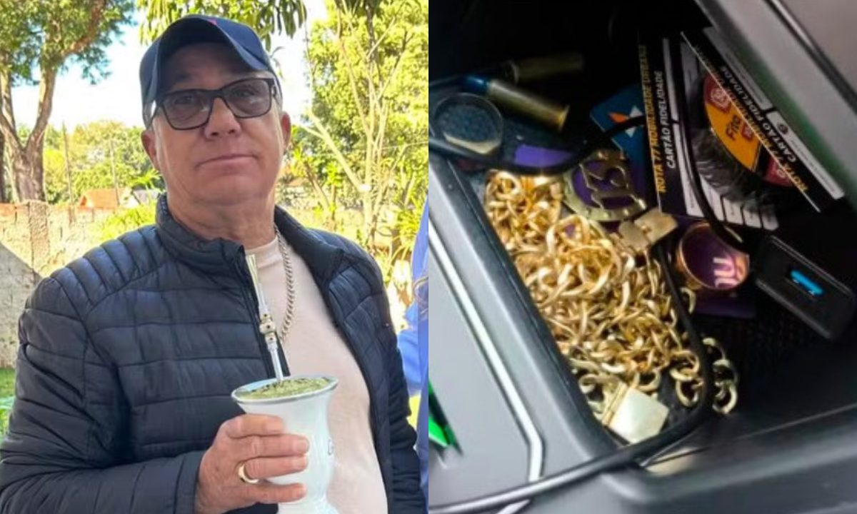 A colagem de duas imagens em tela dividida mostram a vítima de um crime, suspeito de ser cometido pelo próprio neto, que roubaria o avô para quitar dívidas. Ao lado, a imagem dos itens roubados.