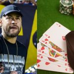 Colagem de duas fotos, uma com o jogador Neymar de boné e camiseta pretas e outra de uma mesa de pôquer com cinco cartas, fichas e um mouse para simbolizar o aspecto online do jogo.