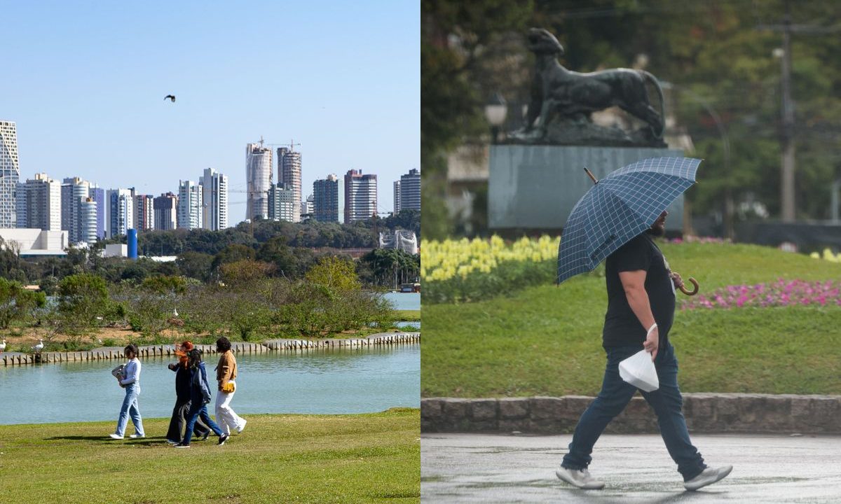 colagem de fotos de pessoas andando no sol e outra pessoa andando na chuva para ilustrar porque o temo muda tanto em Curitiba