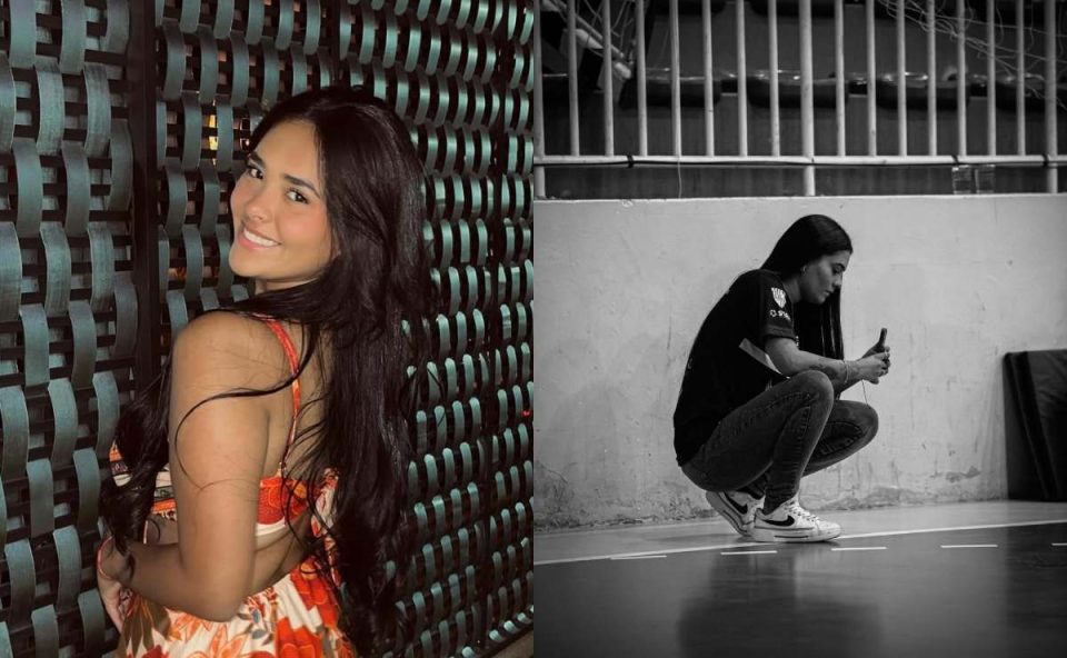 Foto da publicitária Luana Mathiel, de 22 anos. Na esquerda, ela olhando para a câmera e sorrindo, já na direita, ela agachada com um celular nas mãos