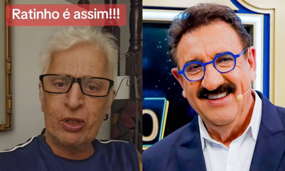 A imagem mostra fotos do repórter Ney Inácio e do apresentador Ratinho. Ney é um homem branco, de cabelos grisalhos. Ele usa óculos de armação preta quadrada. Ratinho é branco, tem bigode e cabelos pretos. Ele usa um óculos de armação azul