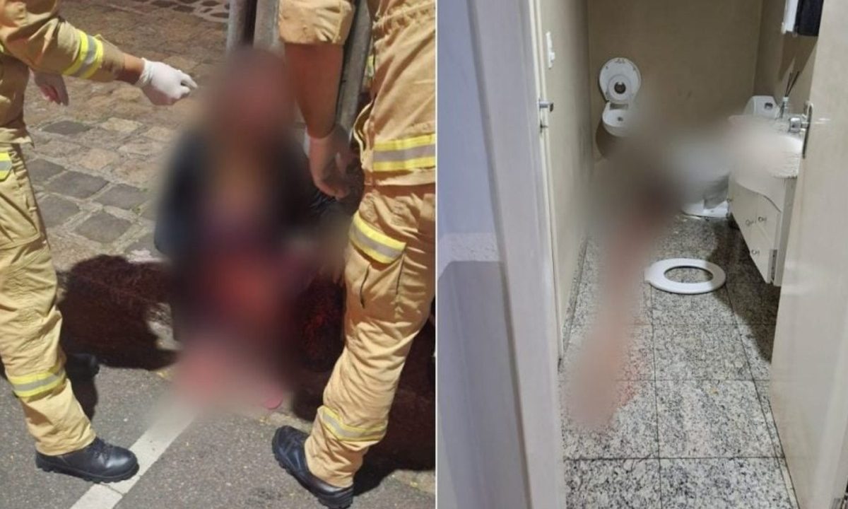 Colagem mostra recepcionista ferida após ser espancada em hotel de Curitiba. Imagem também mostra banheiro onde aconteceu o crime