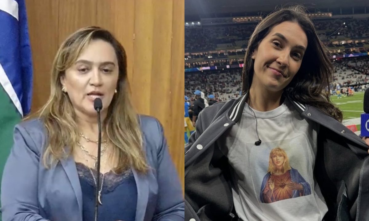 A imagem mostra a vereadora Janaína Guimarães (PL), de Uberlândia (MG), em sessão ordinária da Câmara de Vereadores. Ela é uma mulher branca, de cabelo loiro, e usa um paletó azul e uma camiseta azul enquanto fala ao microfone. A outra imagem mostra a repórter Mariana Spinelli exibindo uma camiseta branca com o rosto de Taylor Swift sobre o rosto de Jesus Cristo. Ela é uma mulher branca e cabelos pretos, presente em um estádio de futebol