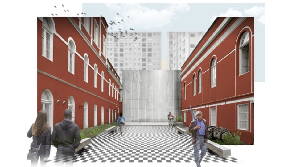 Ilustração do Solar do Barão com pátio central entre dois prédios históricos restaurados, piso em padrão geométrico e estrutura moderna ao fundo.