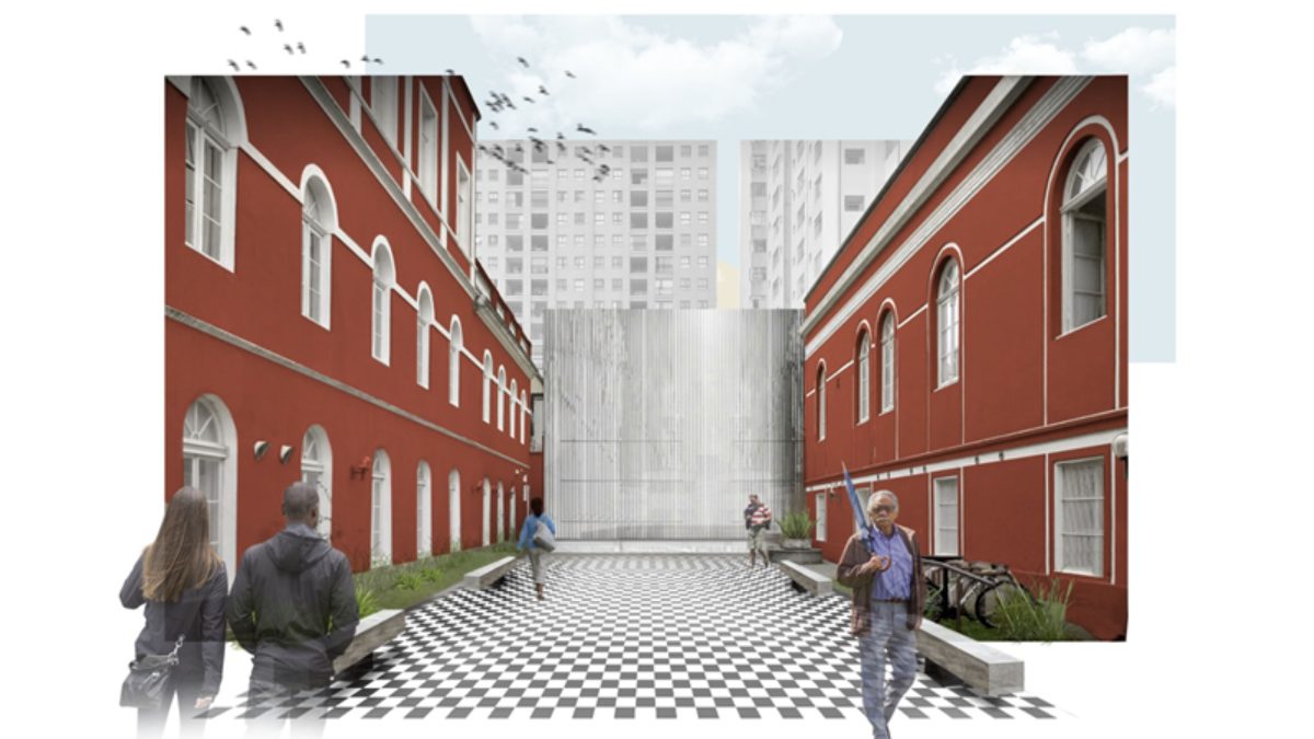 Ilustração do Solar do Barão com pátio central entre dois prédios históricos restaurados, piso em padrão geométrico e estrutura moderna ao fundo.