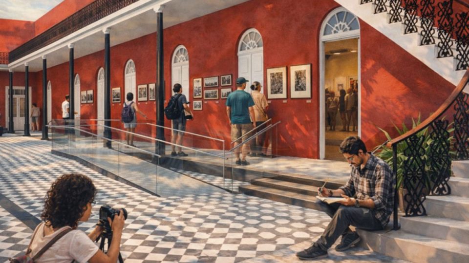Pátio interno do Solar do Barão com visitantes observando exposições em paredes vermelhas e circulação acessível com rampa.