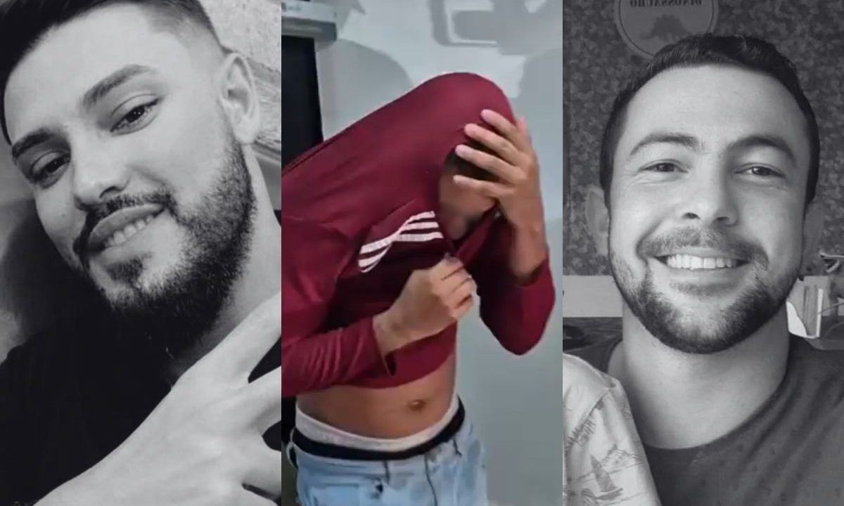 colagem de foto do suspeito de matar cliente e barbeiro e foto das vitimas em preto e branco