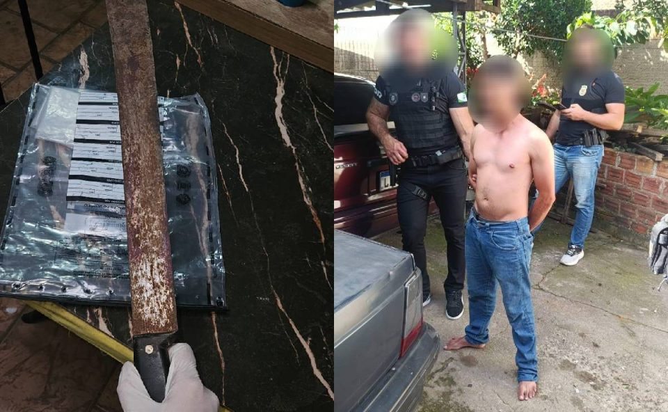 Fotos mostram facão utilizado no ataque e suspeito preso