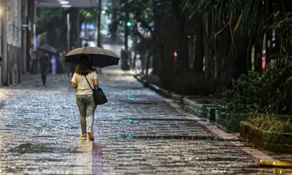 mulher andando com sombrinha para ilustrar a previsão do tempo com chuva no paraná e em curitiba