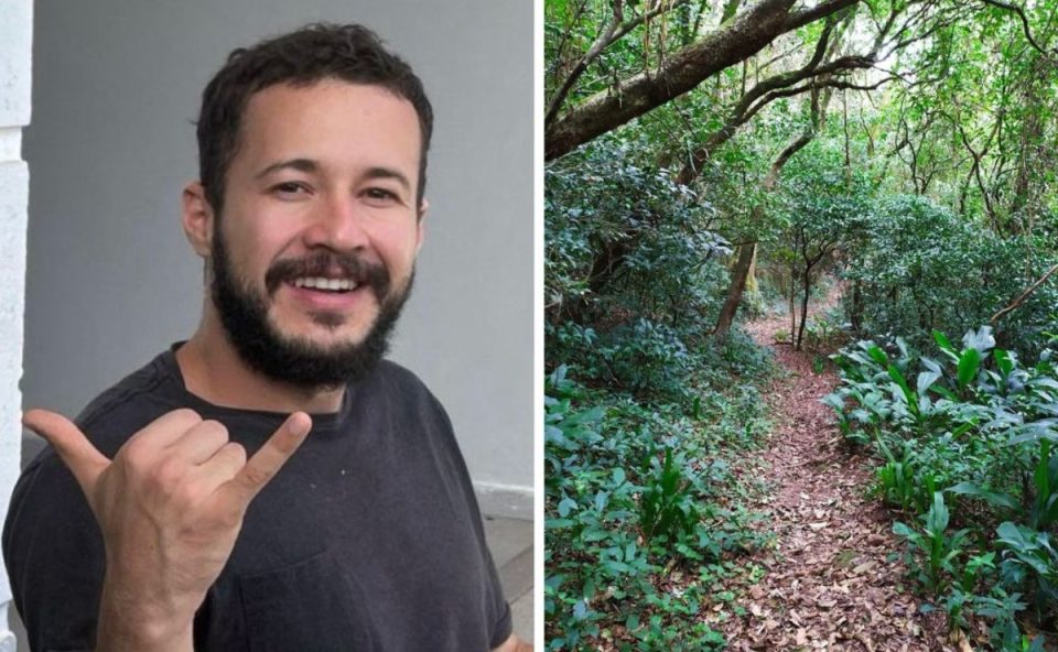 Colagem de duas fotos mostra o venezuelano desaparecido em Florianópolis Jonathan Manuel Zambrano Acosta à esquerda, enquanto imagem de uma trilha está à direita.