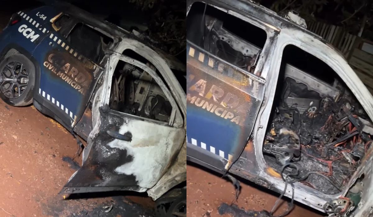 Foto montagem com a viatura da Guarda Municipal destruída após pegar fogo durante abordagem.