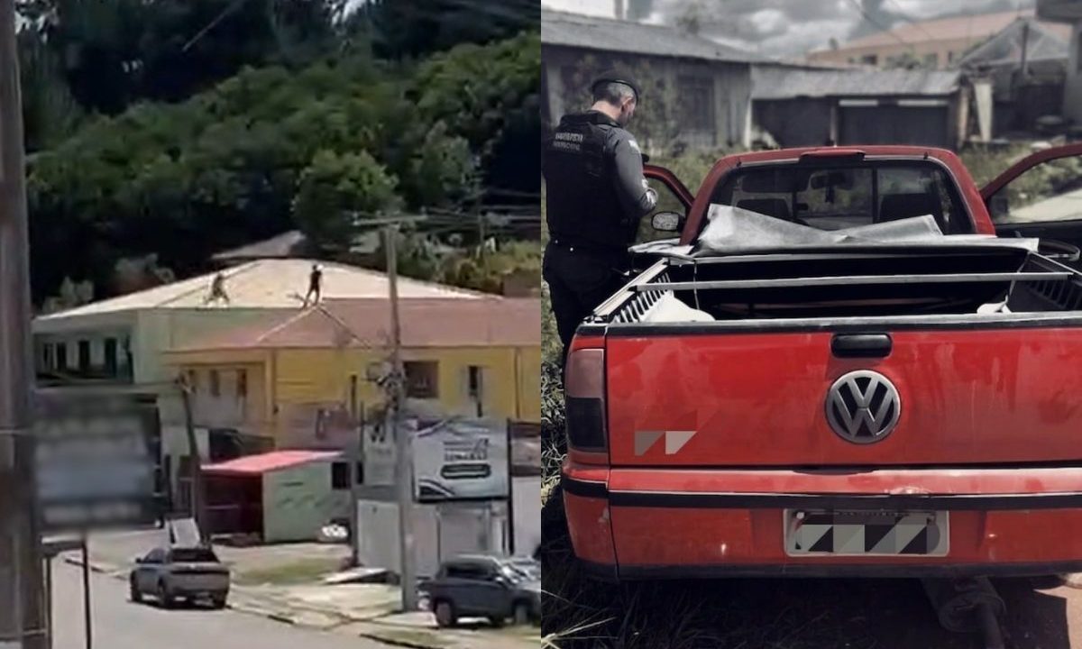 Vídeo mostra suspeito de furtar carro caindo de telhado durante fuga na Grande Curitiba. Imagem mostra momento do vídeo em que o suspeito pula de um telhado para outro. Outra foto mostra a saveiro furtada.