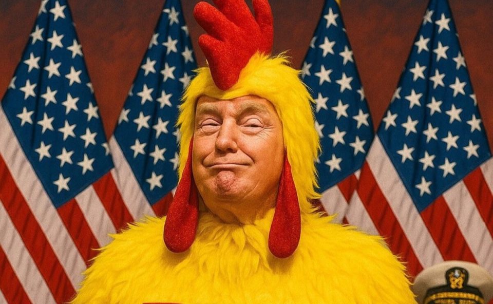 Imagem feita com inteligência artificial é um dos memes da guerra do Irã. ELa mostra Donald Trump vestido de galinha