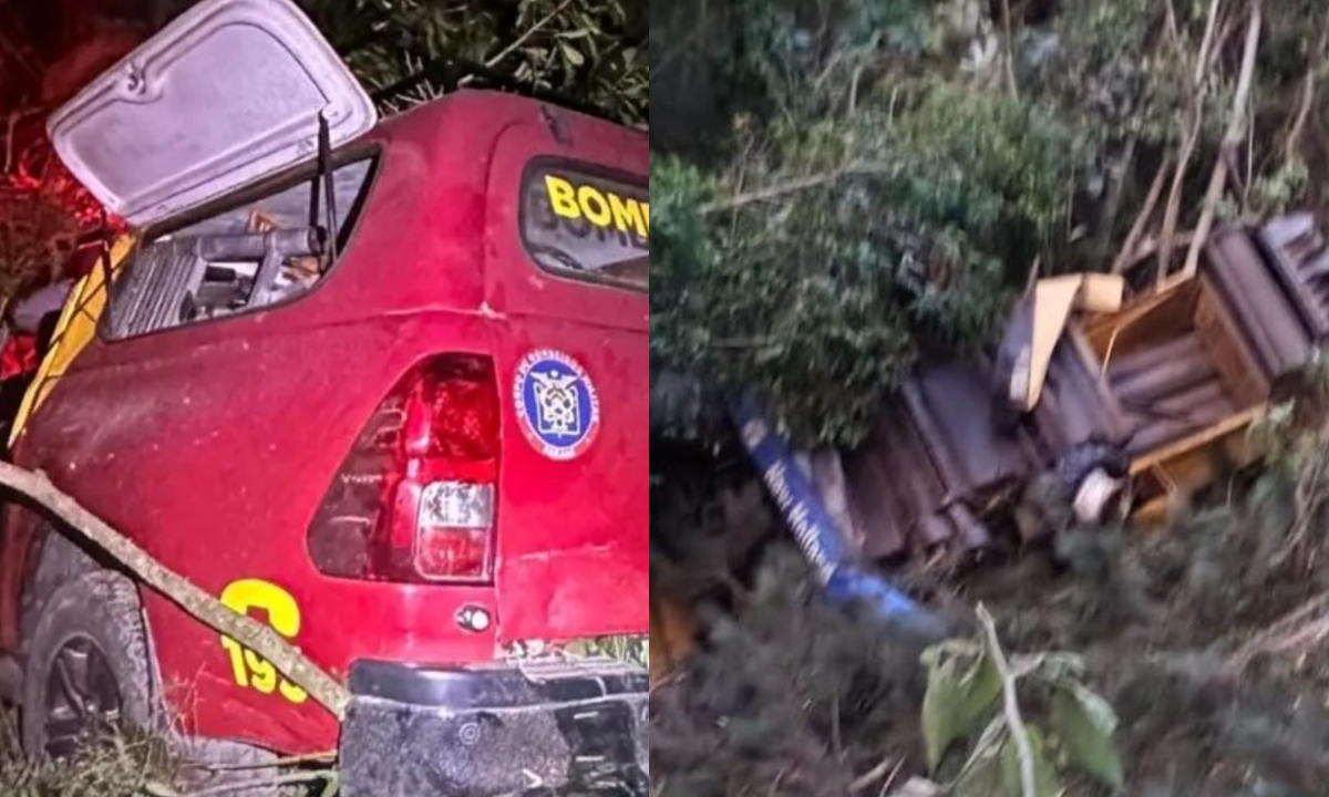 Viatura dos bombeiros na ribanceira ao lado de imagem da colheitadeira em que o agricultor que morre estava, também na ribanceira