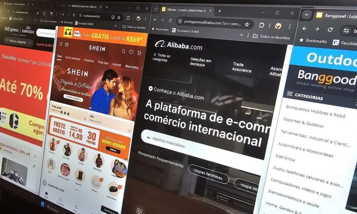 Monitor de computador exibindo diversas abas abertas com sites de e-commerce internacional, incluindo AliExpress, Shein, Alibaba e Banggood