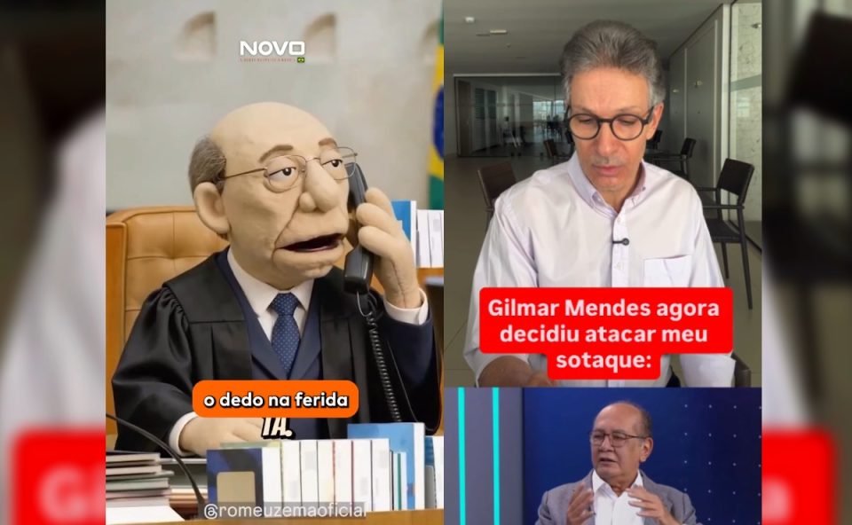 Prints da tela mostram vídeos de Romeu Zema que integram bate-boca com Gilmar Mendes. De um lado um fantoche de Gilmar Mendes e de outro Zema olhando para o celular
