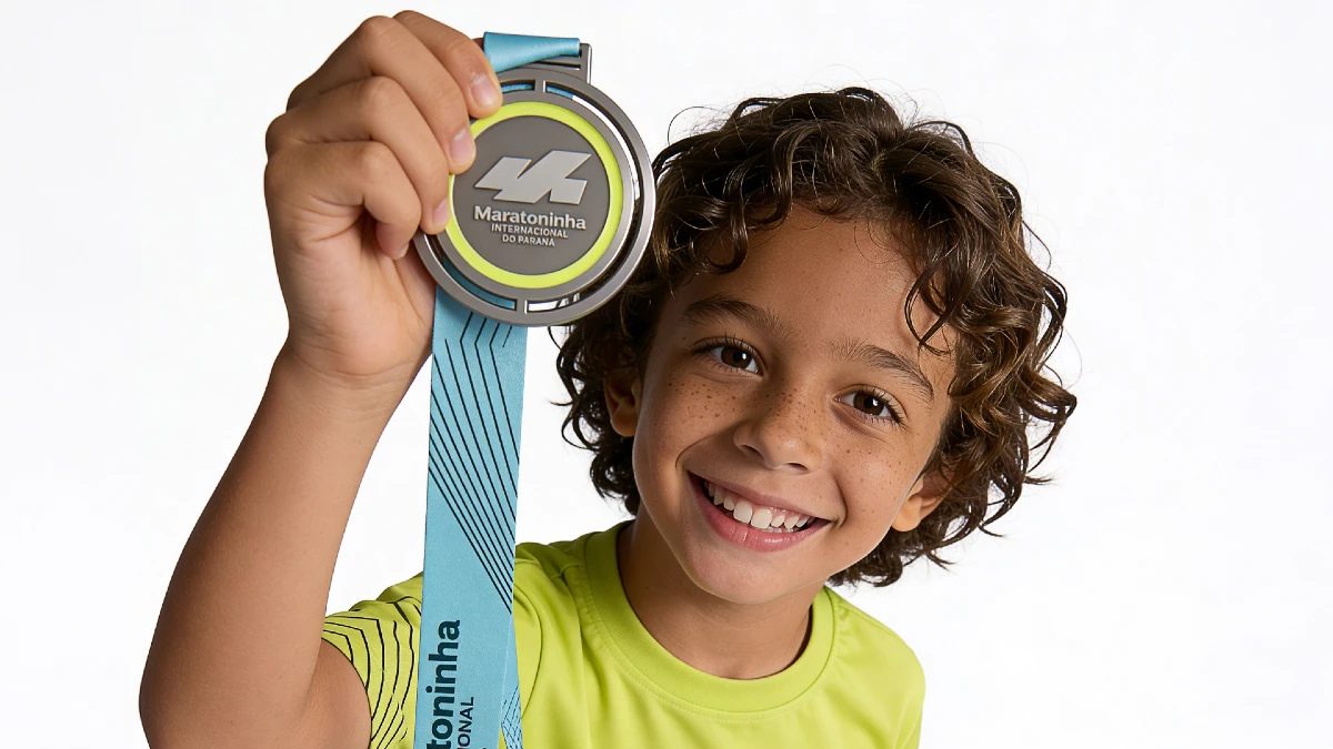 Criança sorridente segura medalha da Maratoninha, destacando participação em evento esportivo infantil.