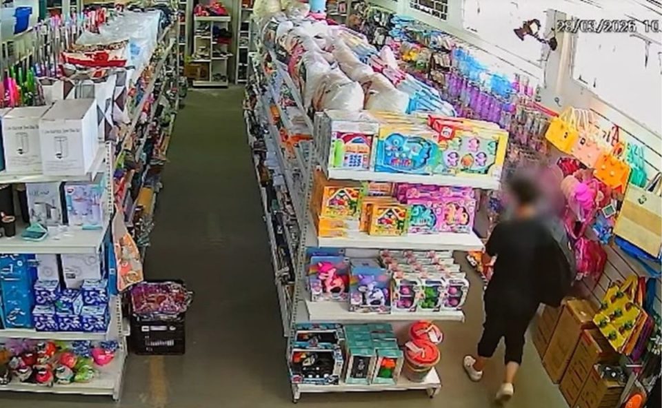 Mulher aparece em vídeo da câmera de segurança em loja de variedades em Pinhais. Ela agiu em conjunto com outra mulher para cometer furto