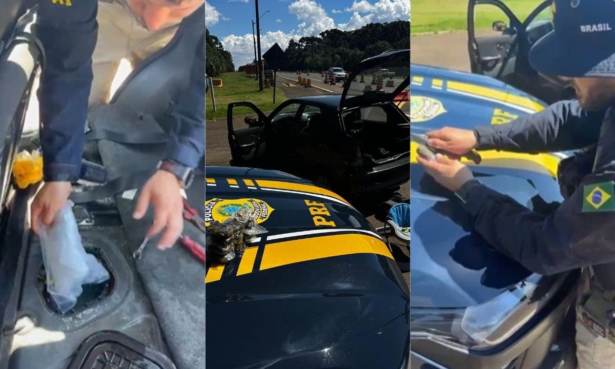 Três fotos, lado a lado, mostram um policial da PRF retirando um pacote transparante de dentro de um compartimento no capô de um carro. A polícia prendeu um casal por tráfico de drogas. Eles haviam escondido droga em compartimentos do veículo