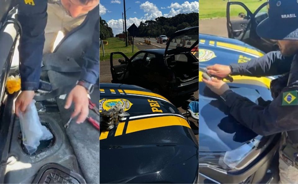 Três fotos, lado a lado, mostram um policial da PRF retirando um pacote transparante de dentro de um compartimento no capô de um carro. A polícia prendeu um casal por tráfico de drogas. Eles haviam escondido droga em compartimentos do veículo