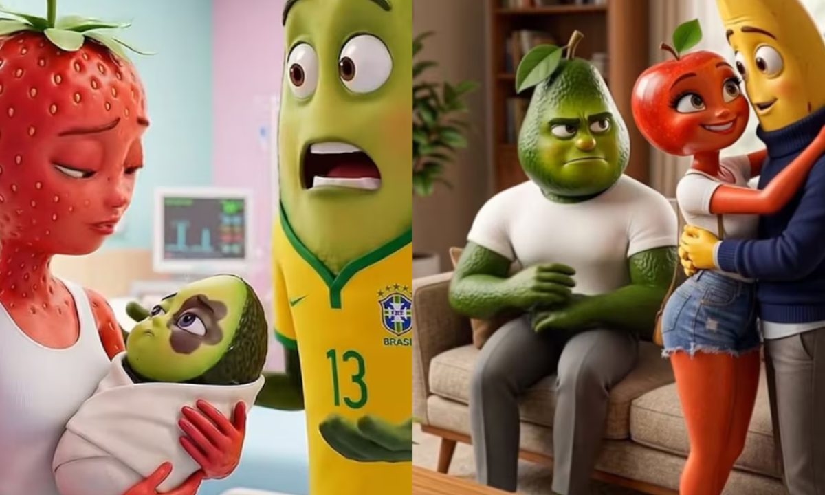 Montagem com prints do TikTok mostram o Bananildo, Abacatudo e a Moranguete, frutas criadas por IA que fazem parte de novelas no TikTok