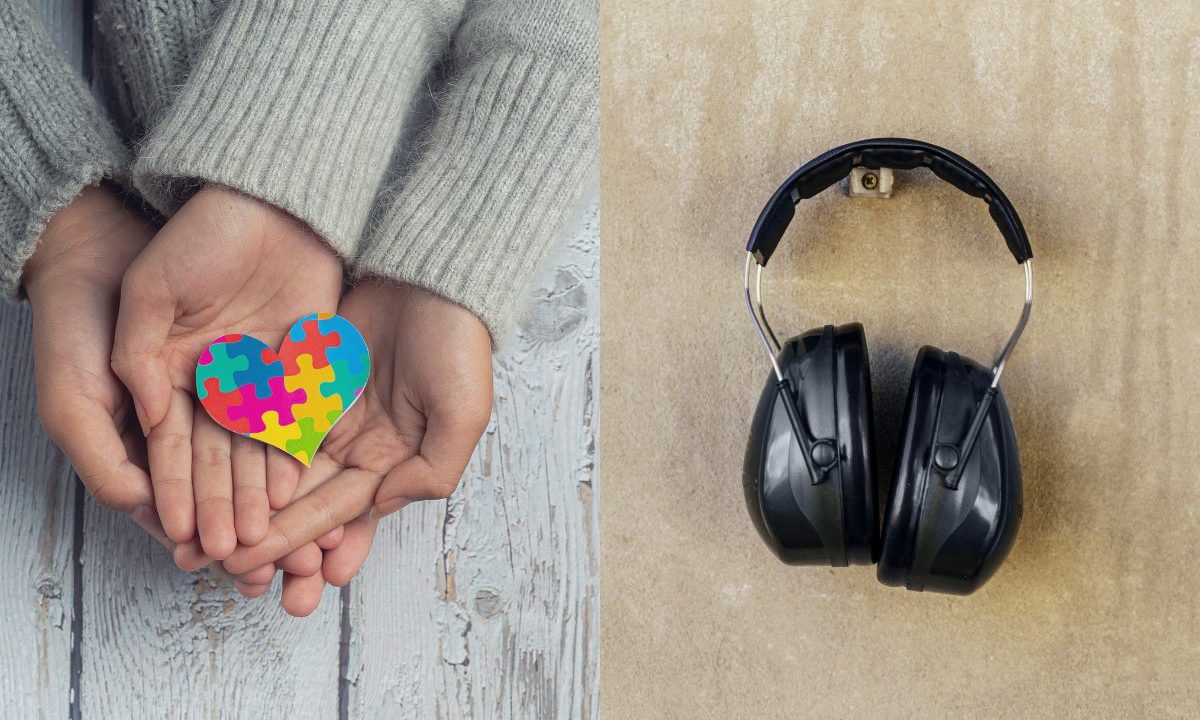 Uma montagem com duas fotos: à esquerda, mãos em concha segurando um coração colorido com estampa de peças de quebra-cabeça, símbolo da conscientização do autismo. À direita, um abafador de ruídos preto posicionado sobre uma superfície texturizada clara, abafadores como esse serão distribuídos em uma ação sobre autismo em curitiba